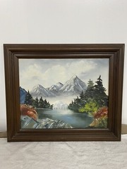 Oil On Canvas Mountain/Lake Landscape Painting. 25 1/2” X 22”