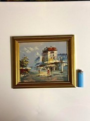 Framed Original Oil Painting on Canvas – Street Scene with Figures and Architect