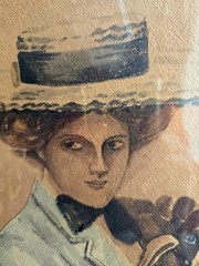 Antique Edwardian Watercolor Portrait Lady and Dog in Oval Wood Frame