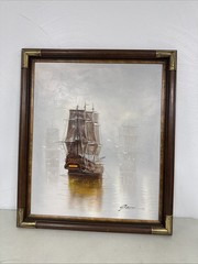Vintage Garcia Nautical Oil Painting Clipper Ghost Ship Seascape Canvas 28×24