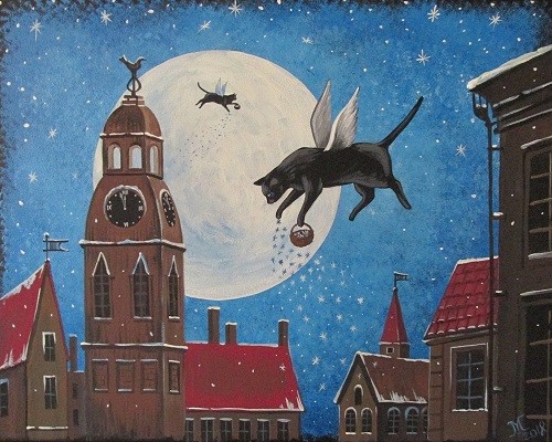 8×10 PRINT OF PAINTING RYTA XMAS RIGA RYTA BLACK CAT ANGEL FOLK VINTAGE STYLE 🎄
