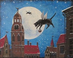 8×10 PRINT OF PAINTING RYTA XMAS RIGA RYTA BLACK CAT ANGEL FOLK VINTAGE STYLE 🎄