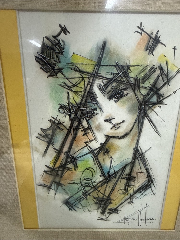 Artist Dibuso Abstract Girl Mixed Media Water Color Pen Framed Signed 2016