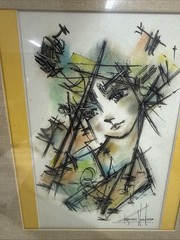 Artist Dibuso Abstract Girl Mixed Media Water Color Pen Framed Signed 2016