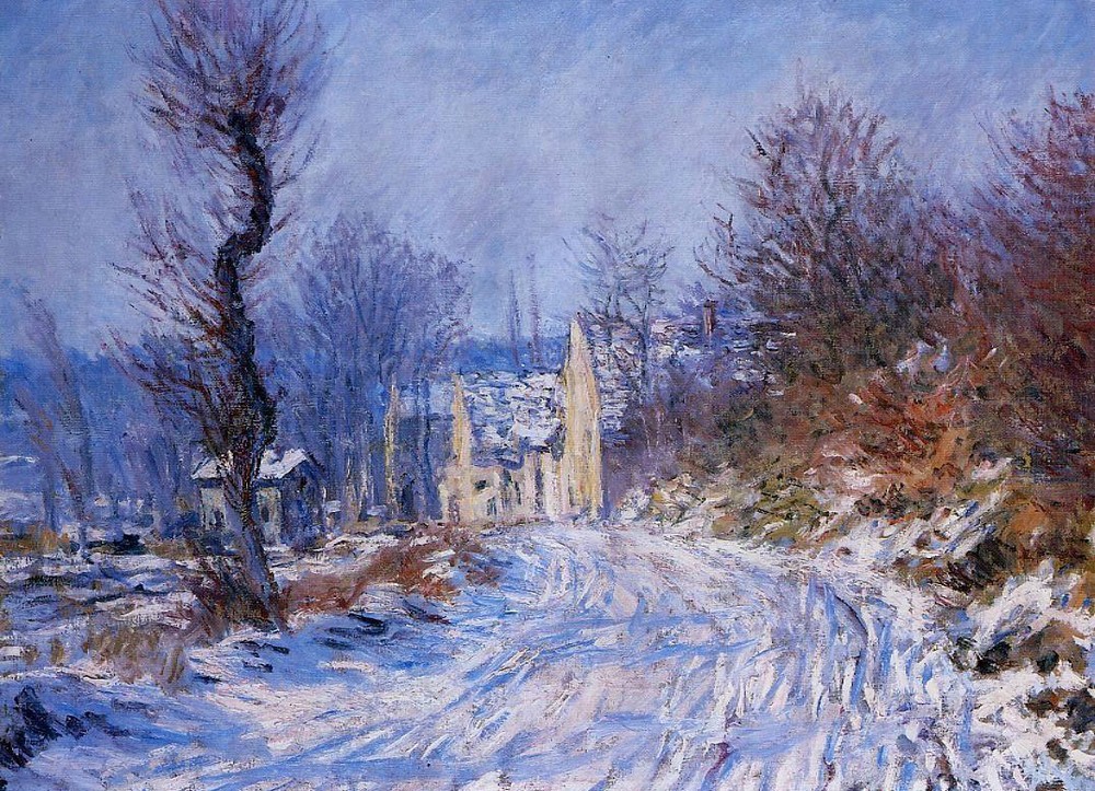 Oil painting Claude Monet – Road to Giverny in Winter with snow landscape canvas