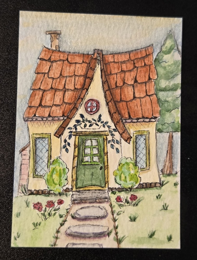 ACEO Original Watercolor Ink Painting 2.5×3.5 Whimsical Cottage Folk Art OOAK