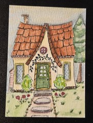ACEO Original Watercolor Ink Painting 2.5×3.5 Whimsical Cottage Folk Art OOAK