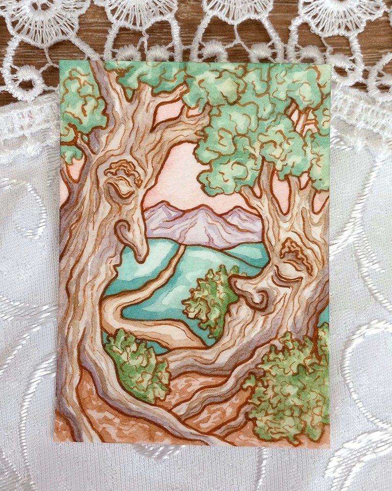 Original ACEO: Watercolor Fantasy Landscape, Two Sleeping Tree Spirits