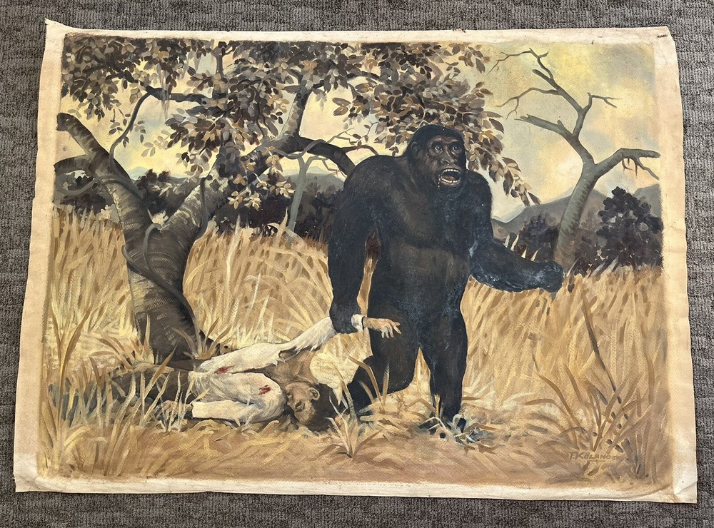 c1940s Gorilla Dragging Man Safari Adventure Painting by Theodore Ted Kolanoski