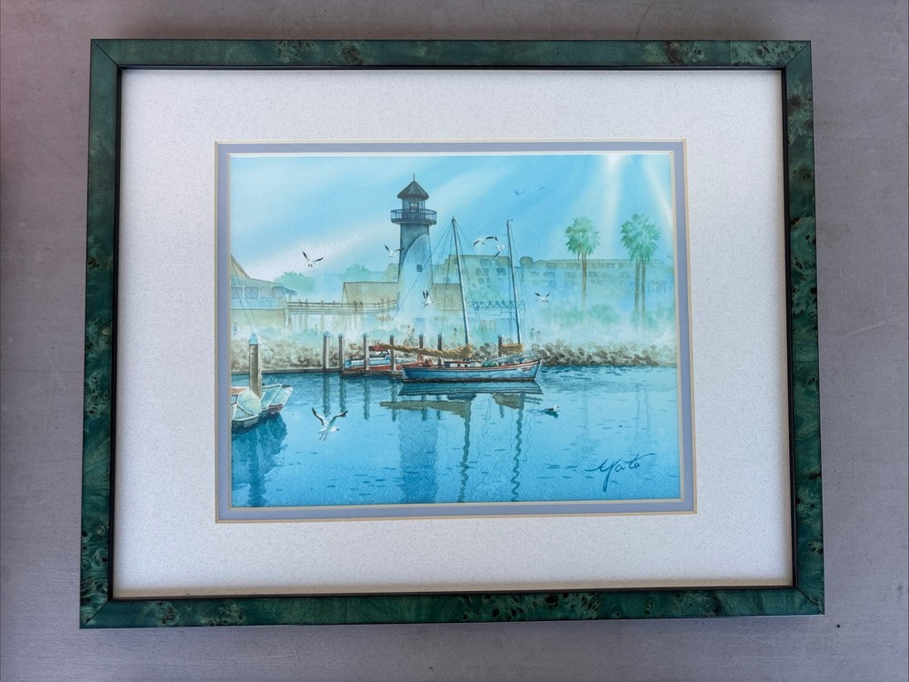 Framed art water coastal scene lighthouse boat 12×15 signed SEE PICS