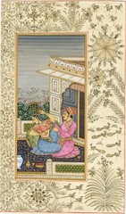Handmade Indian Painting Of Emperor And Empress In Love On Terrace 4.5×8 Inches