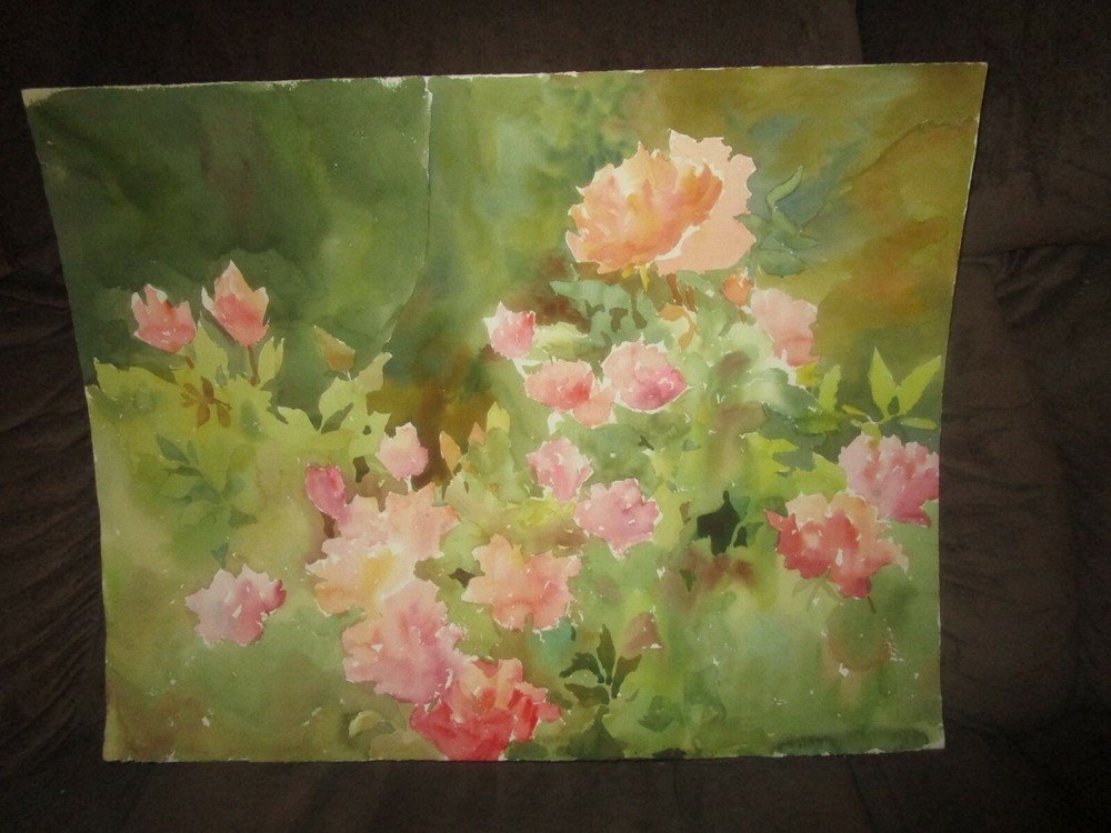 Original Watercolor By Peg Humphreys, Pink Floral Bushes 20″x 25.75″