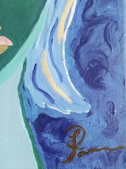 Authentic Oil Painting Modern Semi-Abstract Woman Face Blue Green Gold Small USA