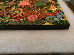 Vintage Weya Zimbabwe Folk Art Painting „Going to the Witch Doctor“ 13″ x 13″