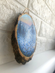 Acrylic Painting on a slice of wood „Mountain Landscape“ – 13×13 cm, handmade