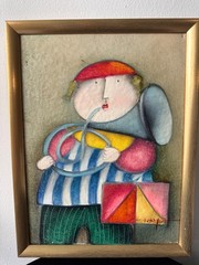 Signed J. Roybal Oil Painting on Canvas Whimsical Musicians Framed 13×17″