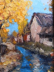 Original Oil Painting in a Frame Miniature 4х6 in Autumn River Nature Scenery
