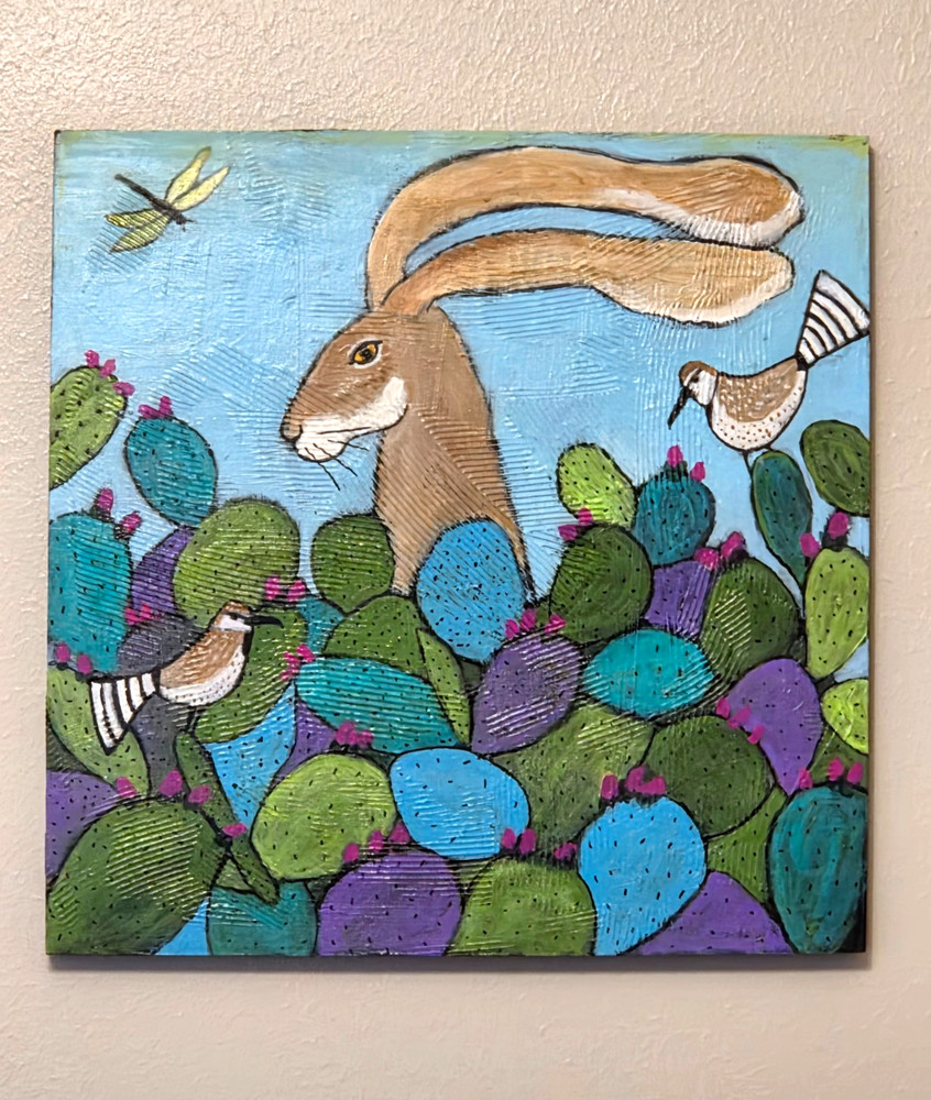 Original Jack Rabbit Folk Art Desert Cactus Bird Scene Primitive Textural OOAK