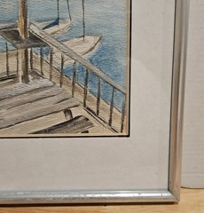 VTG Signed Original Watercolor Coastal Town w/ Boats Flag Framed Beach Patriotic