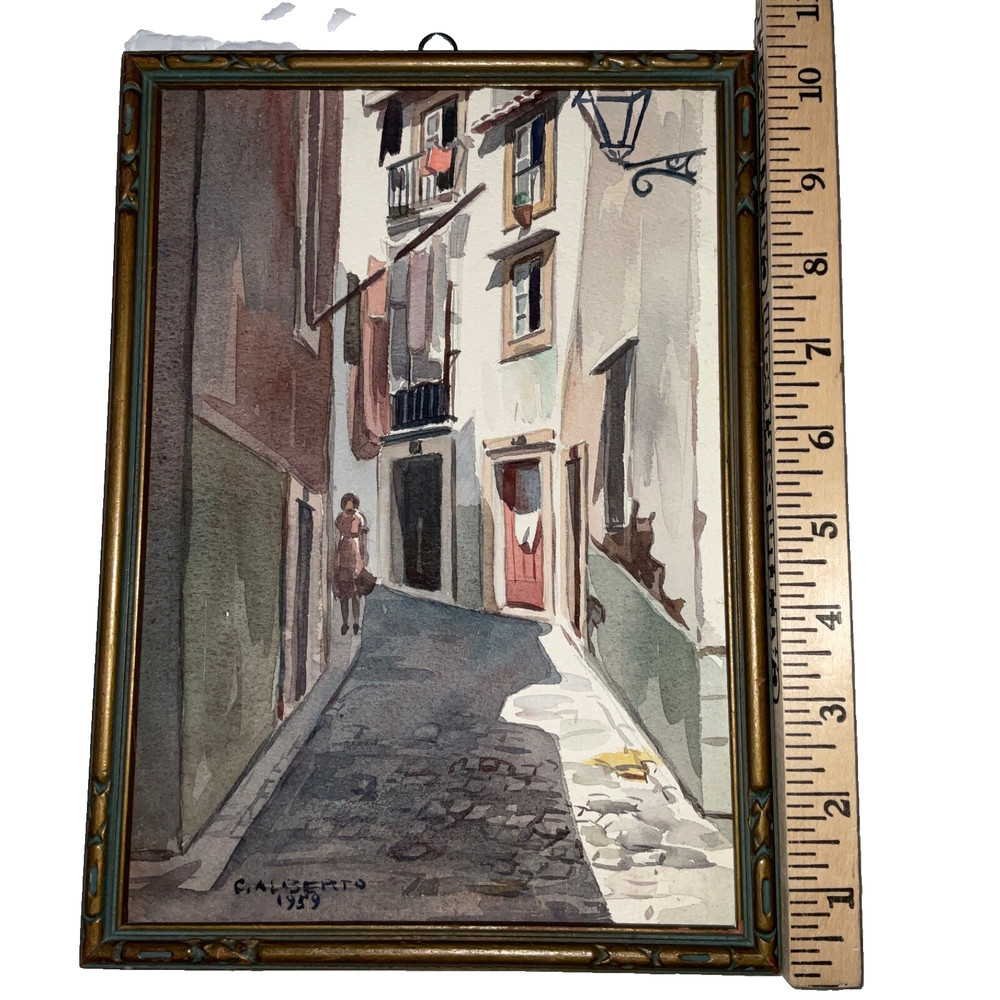 Vintage 1959 European street landscape watercolor painting signed hand painted