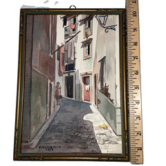 Vintage 1959 European street landscape watercolor painting signed hand painted