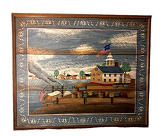 Signed Huntington Canvas Oil Painting Folk Art Wood Frame 38×46 in Colonial US