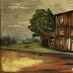 Vtg AMERICANA Homestead Landscape Oil PAINTING 18” X 14.5” FRAMED ART MCM Signed
