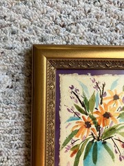 Original 4×6 Watercolor Painting in Vtg 90’s+ Gold Wood Frame; Sunflowers, Vase