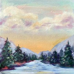 Original Art 10×10″ Rocky Mountains Painting Pine Forest Landscape Art