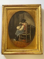 Antique Painting Masterful Portrait Mother Baby Kitten Cat Interior 19th Century