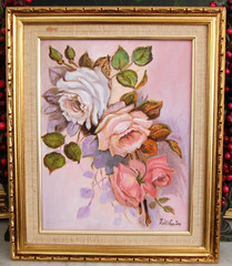 VTG 1980’S SMALL FRAMED ORIGINAL OIL ROSE FLOWERS BOUQUET CUBAN ARTIST ZOE CUTIE