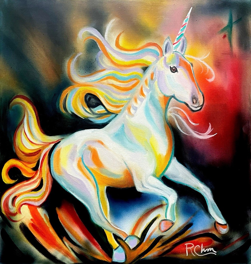 24×24 Unicorn Expressionism Handmade Signed Original Colorful Abstract Fine Art
