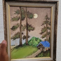 MP Original Oil Painting Cabin Landscape Moon Trees Framed Signed