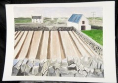 Irish BLUE ROOF COTTAGE Furrows Aran I Ireland Watercolor Painting Sullivan 8×10