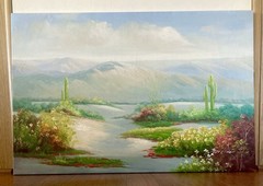 Original Signed Oil Painting Desert Landscape Wildflowers Saguaro Cactus 36″X24″