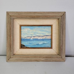 Seascape Painting by Al Stetter Sailboat Cliffs Matted Canvas 11×13 Wood Frame