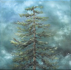Pine tree oil painting Foggy original small art