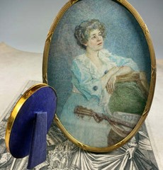 Antique c.1910 English Portrait Miniature, Woman, Guitar, 3/4 Pose, 24k Gold Plt