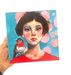 Original Acrylic Woman Portrait Painting 6×6 Bird Contemporary Signed AdriO