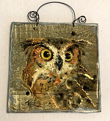 Hand Painted Wood Board Owl Bird Signed Art Wall Hanging Wire 8″ x 8″