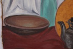 Mid Century Still Life Guitar Oil Painting On Canvas Illegible Signature
