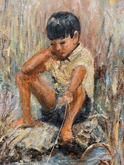 Impressionist Style Oil on Canvas Painting of a Young Boy with Toy Boat by Water