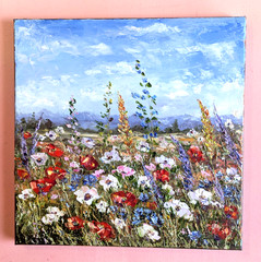 ORIGINAL Painting OIL impasto „WildFlowers field “ 12″x12″ by Olga Diduh