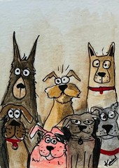 Funny Dog Family Watercolor Painting Original ACEO Whimsical Pet Art OOAK NEW