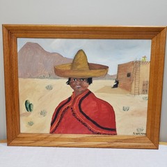 Original Oil Painting Framed Southwestern Boy Portrait Folk Art Desert Scene