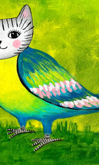 Tabby Cat Bird Painting, Fantasy Cat Art 11×14