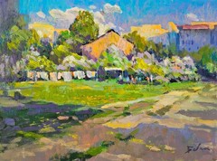 Oil painting Backyard Ukrainian painter canvas Unframed original Decor landscape
