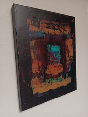 Small abstract original black turquoise blue purple red ochre „Long Night“