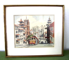 Vintage Frank Serratoni Watercolor Lithograph Street Cable Car In San Francisco