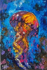 Jellyfish Painting Ocean Original Art Small Abstract Wall Art Seascape Artwork